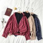 Set:plaid Long-sleeve Blouse + Plain Mock-neck Sleeveless Top