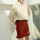Set: Contrast Stitch Sweater + A-line Knit Skirt Red - One Size