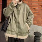Fleece-lined Faux Leather Zip-up Jacket