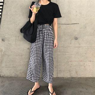 Plaid Wide-leg Pants Black - One Size