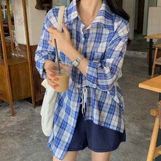 Set : Long-sleeve Plaid Shirt + Shorts