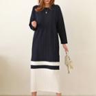 Round-neck Pleated-hem Color-block Dress Navy Blue - One Size