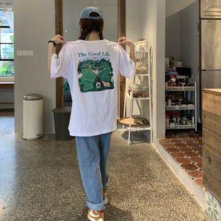 Printed Back Elbow-sleeve T-shirt White - One Size