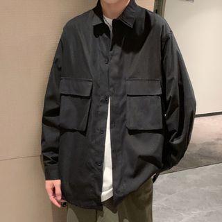 Long-sleeve Double Pocket Plain Shirt