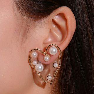 Faux Pearl Alloy Heart Earring 1 Pair - 6826 - 01kc - Gold - One Size