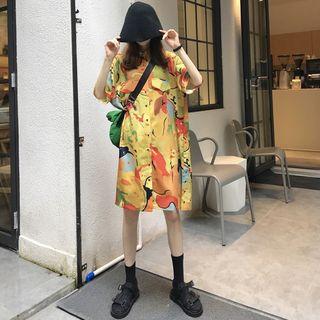 Elbow-sleeve Printed Shirtdress As Shown In Figure - One Size