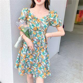 V-neck Puff-sleeve Flower Print Dress