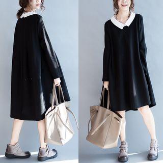 Contrast Collar Long-sleeve A-line Dress