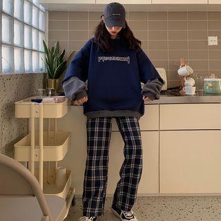 Mock Two-piece Letter Hoodie / Plaid Pants