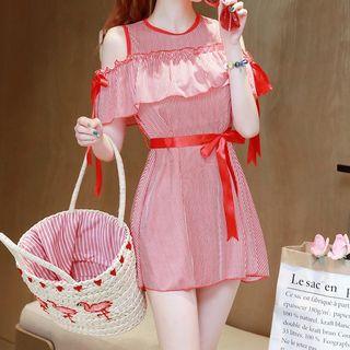 Off Shoulder Pinstriped Swim Dress
