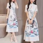 Short-sleeve Mandarin Collar Print A-line Dress
