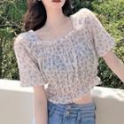 Square-neck Puff-sleeve Floral Blouse As Figure - One Size