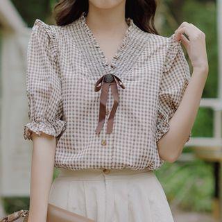 Short-sleeve Plaid Blouse Brown - One Size