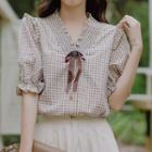 Short-sleeve Plaid Blouse Brown - One Size