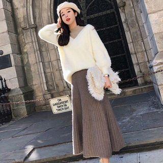 Set: Plain Sweater + Midi A-line Skirt