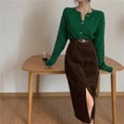 Long Sleeve Cable Knit Cardigan / Slit-front A-line Skirt