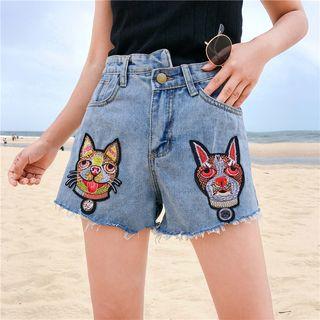 Asymmetric Waist Embroidered Denim Shorts