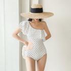 Short-sleeve One-shoulder Cutout Dotted Swimsuit
