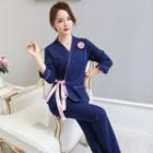 Set: 3/4-sleeve Ruffled Top + Pants