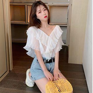 V-neck Ruffle Short-sleeve Top White - One Size