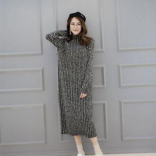 Long-sleeve Mock Neck Melange Midi Knit Dress