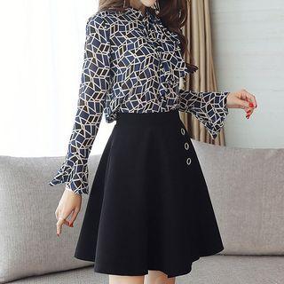 Set: Ruffle-trim Print Blouse + Mini A-line Skirt
