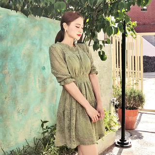 Smock-waist Sheer Lace Dress