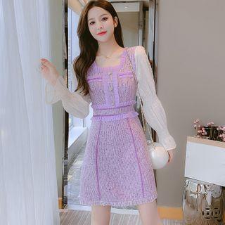 Puff-sleeve Fringed Trim Paneled A-line Dress