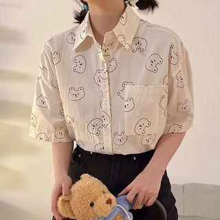 Short-sleeve Cartoon Bear Print Shirt Almond - One Size