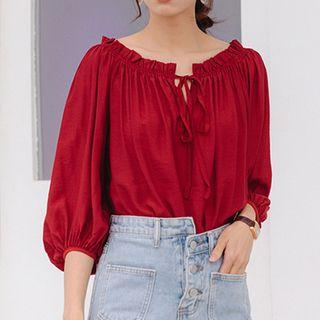 Off-shoulder Tie-string Blouse Wine Red - One Size