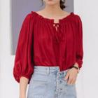 Off-shoulder Tie-string Blouse Wine Red - One Size
