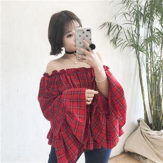 Bell-sleeve Off-shoulder Plaid Top