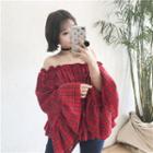 Bell-sleeve Off-shoulder Plaid Top