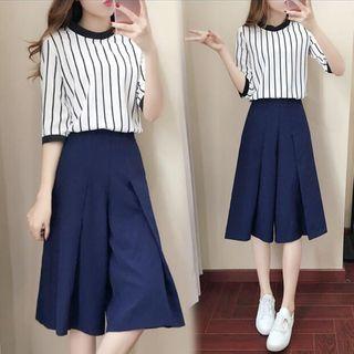 Set: Striped Elbow-sleeve Top + Culottes