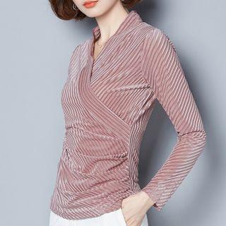 Long-sleeve V-neck Ribbed Velvet Top