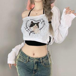 Set: Long Sleeve Cold Shoulder Cat Print Crop Top + Camisole Top