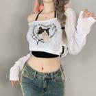 Set: Long Sleeve Cold Shoulder Cat Print Crop Top + Camisole Top