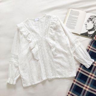 Plain Eyelet-lace V-neck Ruffled-trim Long-sleeve Blouse