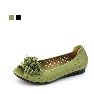 Genuine Leather Peep-toe Rosette Flats