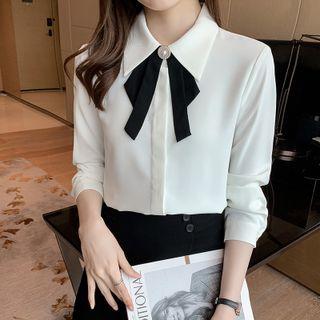 Faux Pearl Embellished Bow-neck Chiffon Shirt
