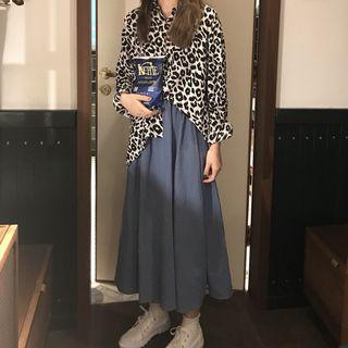 Long-sleeve Leopard Printed Shirt / High-waist Plain Long Skirt