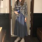 Long-sleeve Leopard Printed Shirt / High-waist Plain Long Skirt