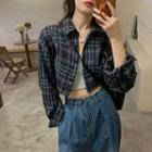 Cropped Plaid Shirt Navy Blue - One Size