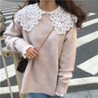 Long-sleeve Plain Knit Top / Bell-sleeve Crochet Trim Blouse