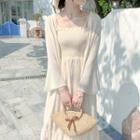 Spaghetti Strap Shirred Chiffon A-line Midi Dress / Sheer Buttoned Cardigan