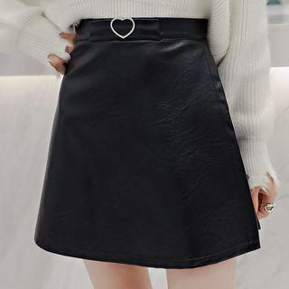 Heart Applique Faux Leather Mini A-line Skirt