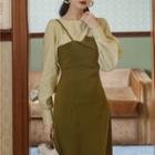 Set: Plain Blouse + Side-slit Midi Overall Dress