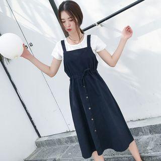 Plain T-shirt / Buttoned Tie-waist Midi Pinafore Dress