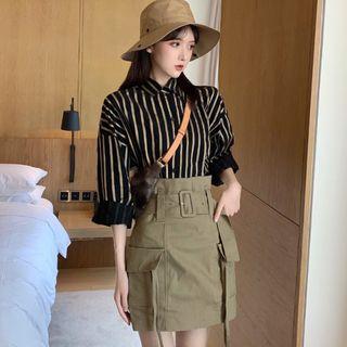 Striped Shirt / Pocket Detail A-line Skirt