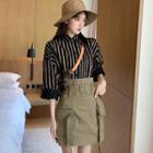 Striped Shirt / Pocket Detail A-line Skirt